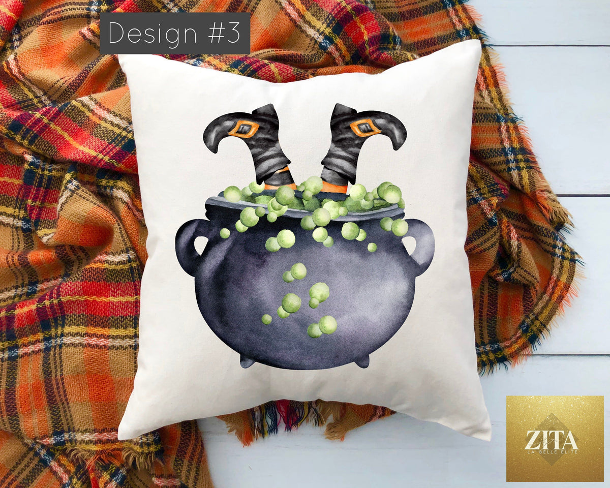 Cotton and Crate witches cauldron 18x18 pillow cover featuring a spooky Halloween design with a cauldron and witch motifs.