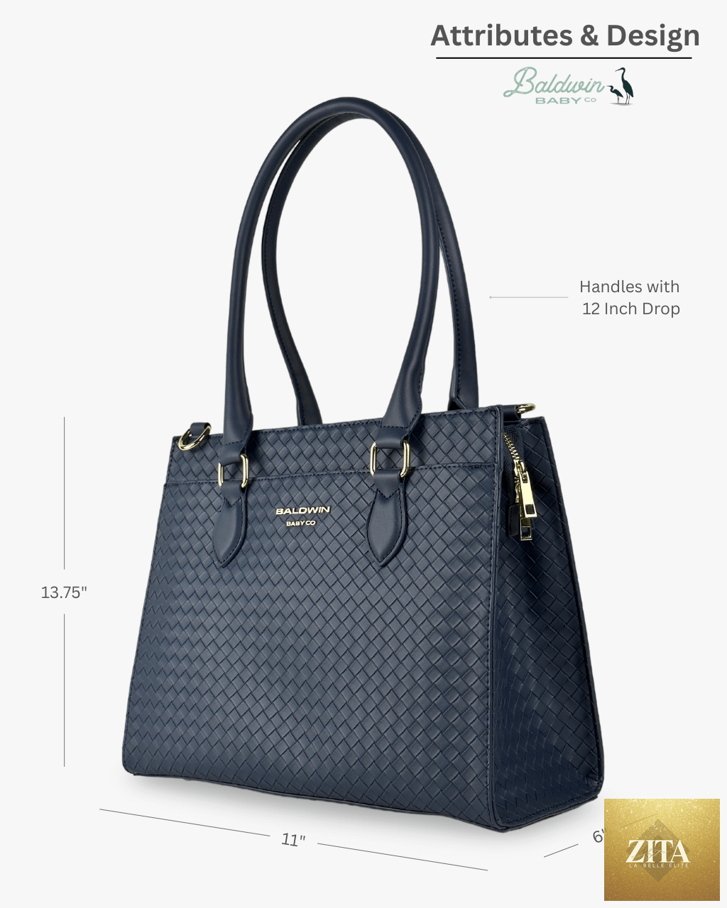 Cobalt Baldwin Baby Company Montrose diaper bag tote with multiple pockets and sturdy handles, stylish and functional for parents.