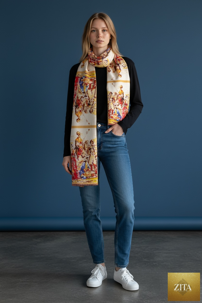 Armenian woman wearing a traditional Taraz silk scarf with intricate patterns, showcasing cultural heritage and vibrant colors.