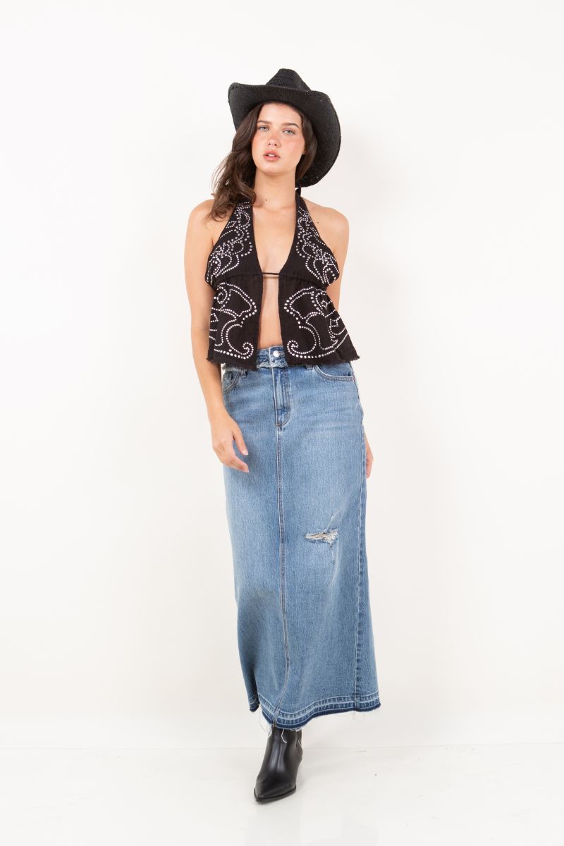 Livia Denim Maxi Skirt Frayed Waistband w/ Slit Detail