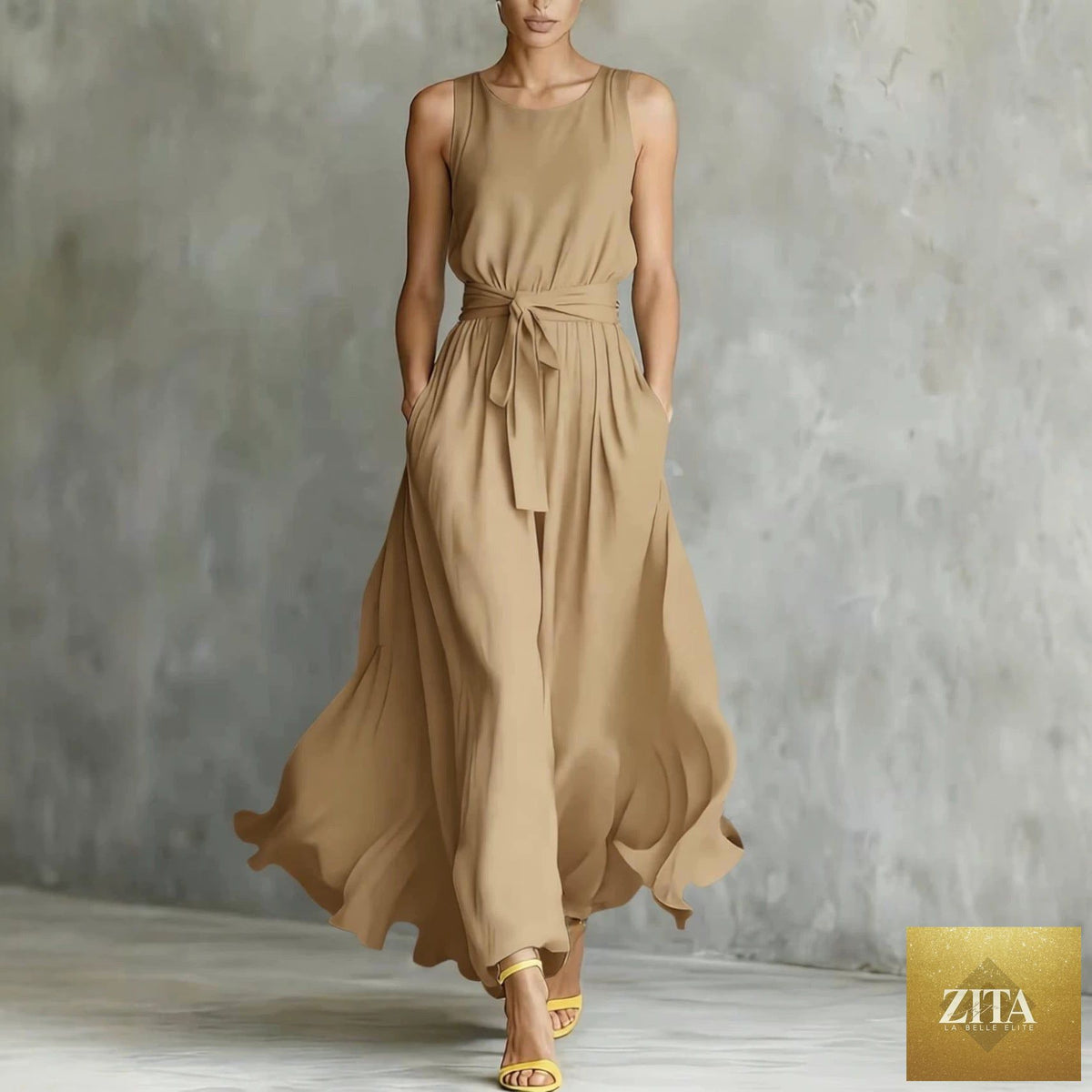 Women's lace-up waist-cinching sleeveless maxi dress by Zita La Belle Elite, flowing fabric with a fitted waist and elegant design.