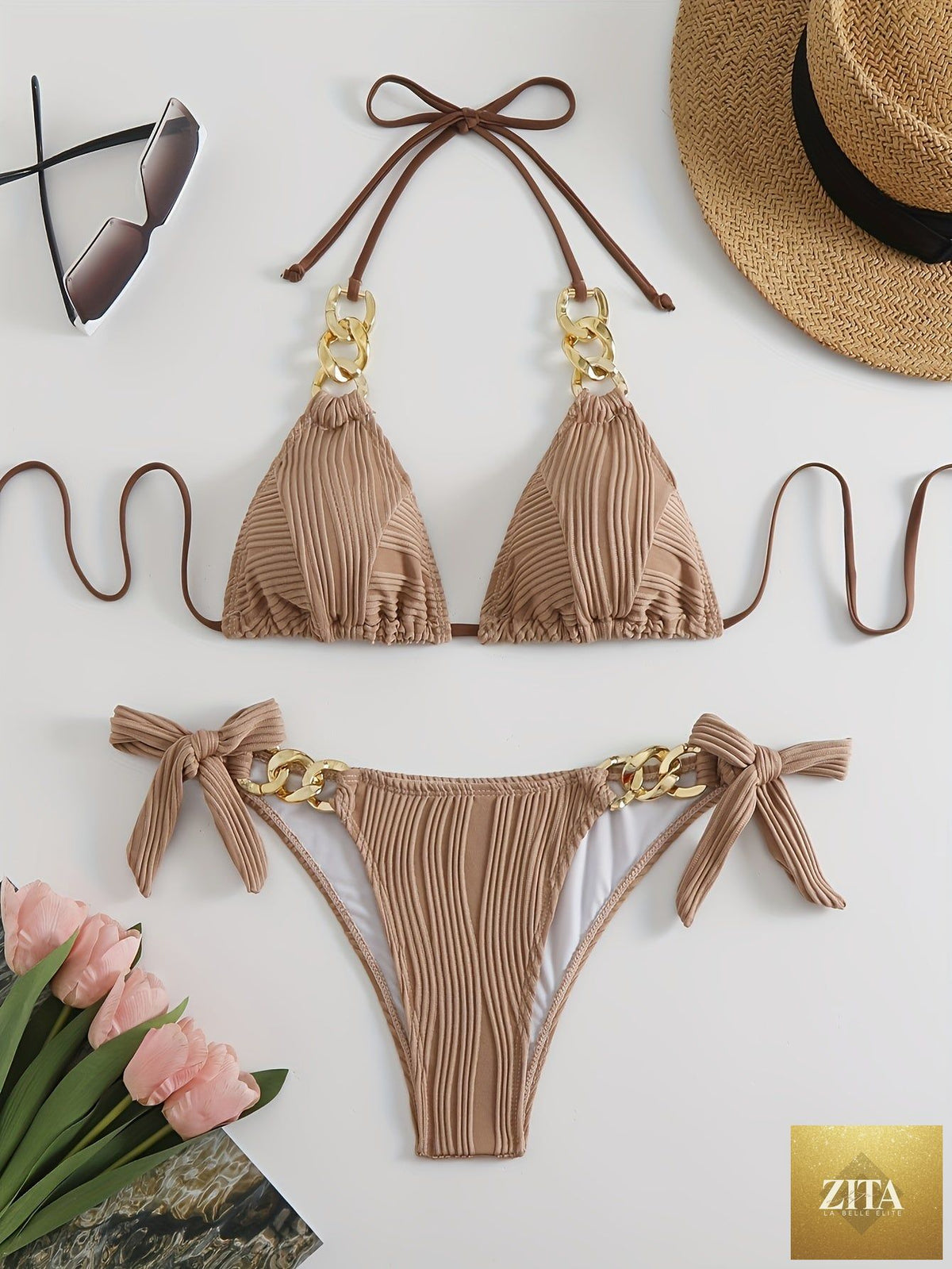 Striped gold chain bikini set with ruched texture, triangle top, bow tie sides, and ring link detail, perfect for summer beachwear.