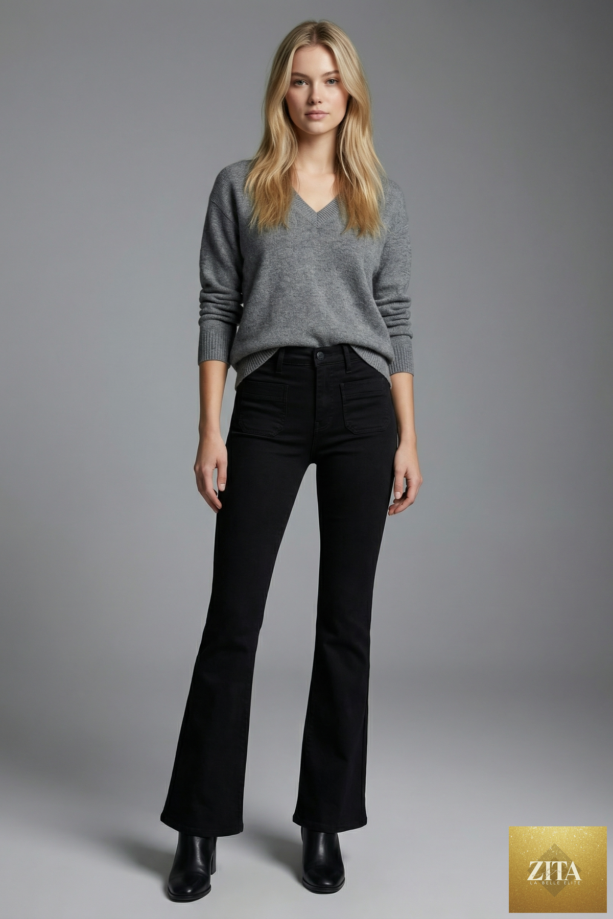 Artemis Vintage Amelie Tummy Control High Rise Bootcut Jeans showing dark wash denim, high waist, and classic bootcut leg style.