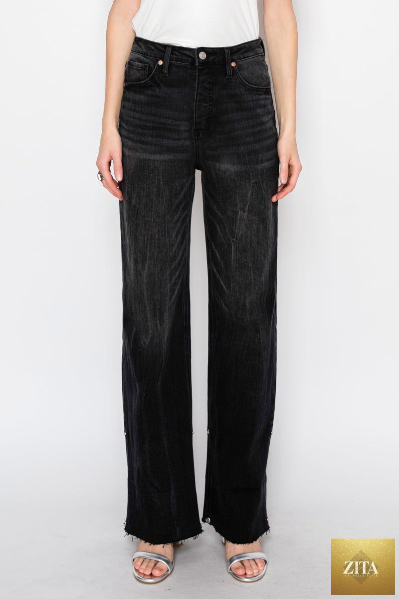 Artemis Vintage Elodie Tummy Control Inseam Transform High Rise A-line Wide Jeans laying flat, showing dark denim with wide leg design