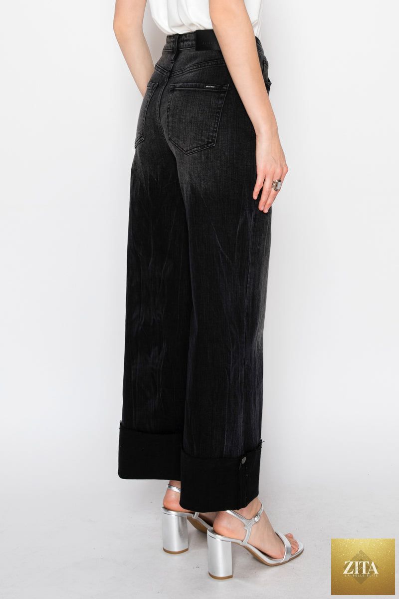 Artemis Vintage Elodie high-rise wide jeans with tummy control and A-line fit, showcasing the inseam and stylish denim design.