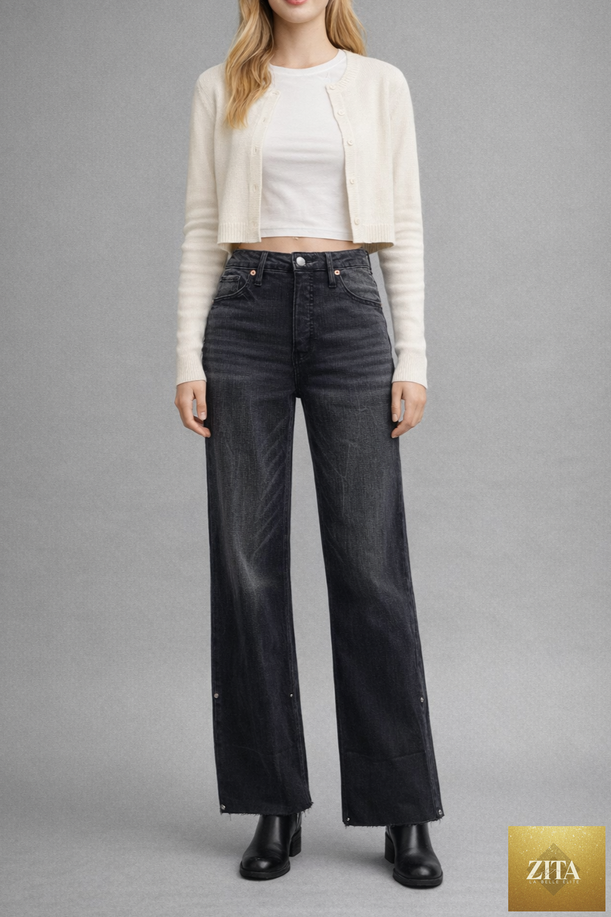Artemis Vintage Elodie high-rise wide jeans with tummy control and inseam transform feature, A-line silhouette, denim fabric