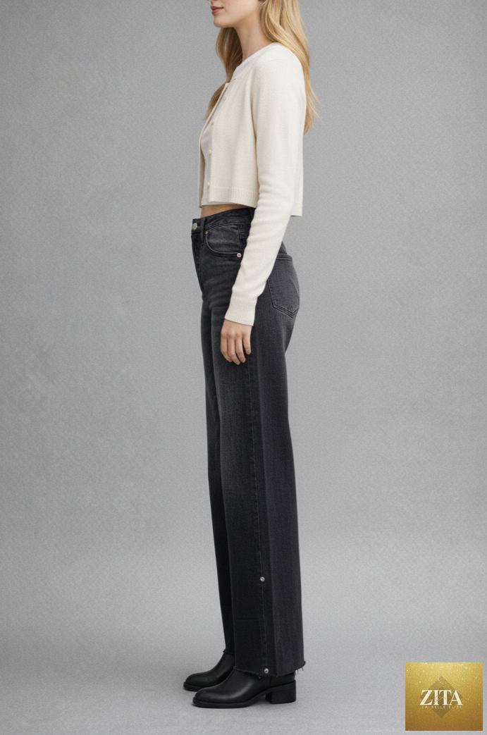 Artemis Vintage Elodie Tummy Control Inseam Transform High Rise A-line Wide Jeans showing front view with high waist and wide leg silhouette.