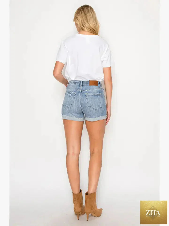 Artemis Vintage Kathy high-rise cuffed stretch shorts with rolled hems, denim fabric, and a relaxed fit.