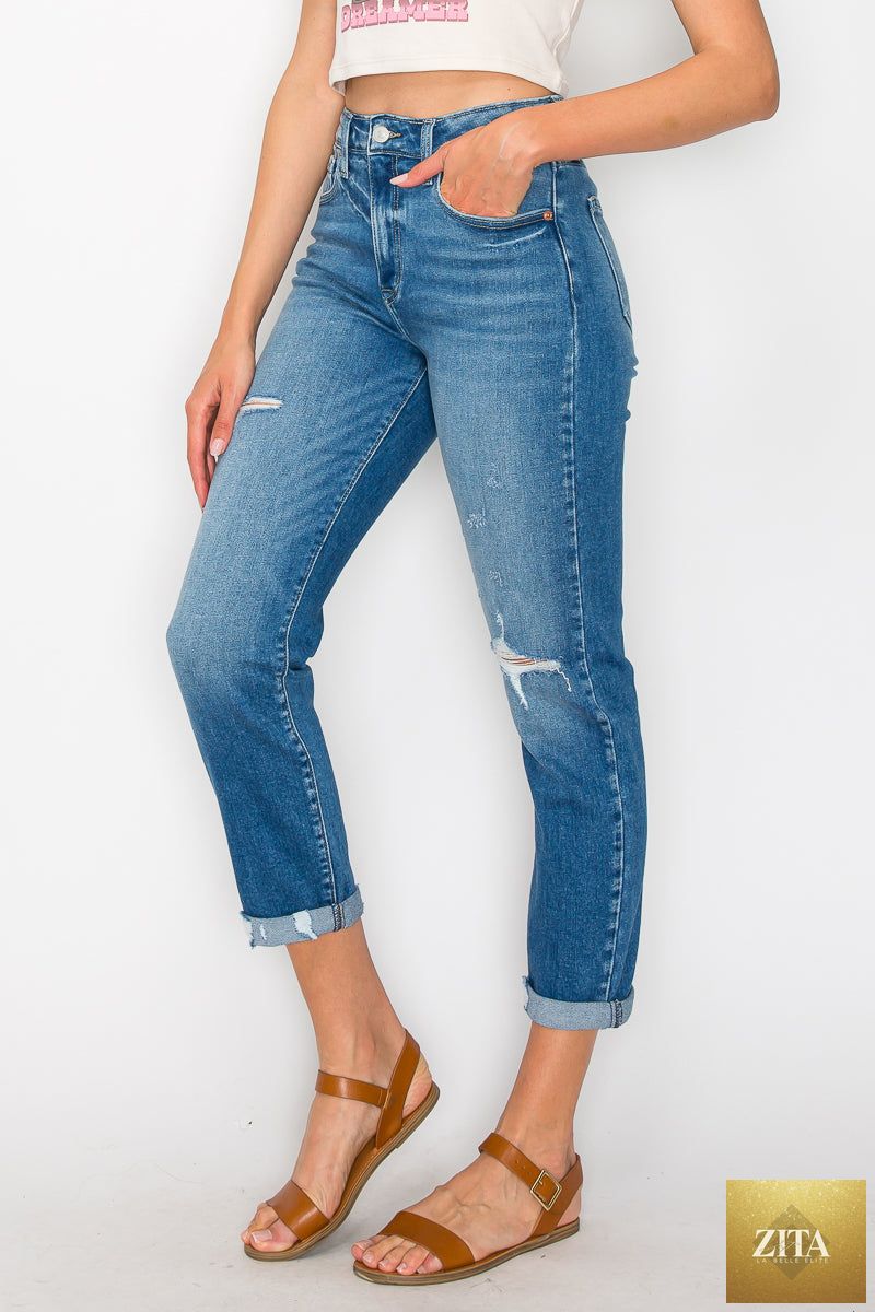 Artemis Vintage Alexa high-rise tapered leg mom jeans, denim with classic five-pocket design and distressed detailing.