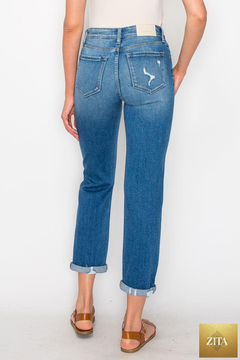 Artemis Vintage Alexa high rise tapered leg mom jeans, classic denim with a high waist and relaxed fit, front and back view.