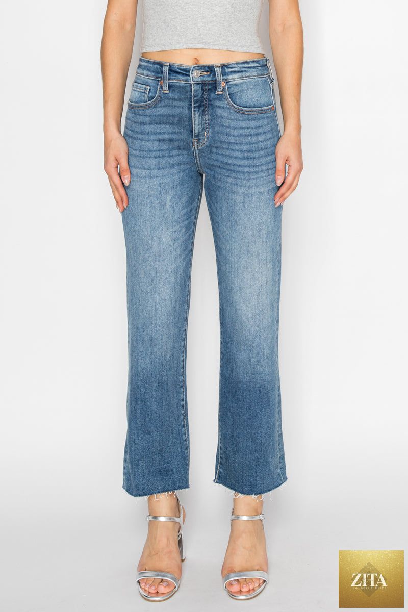Artemis Vintage tummy control high rise straight jeans with single cuff, denim pants showing fit and classic style.