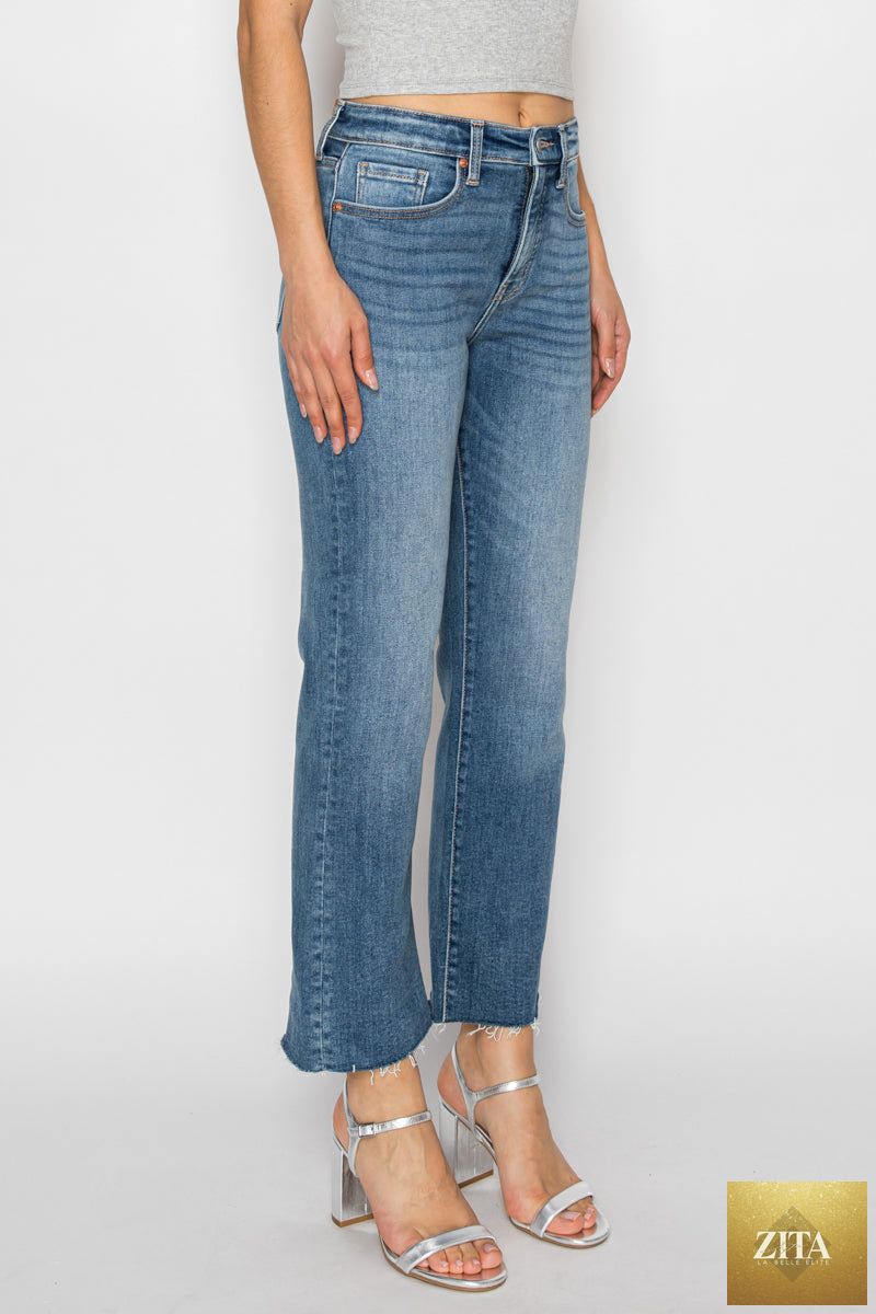 Artemis Vintage tummy control high-rise straight jeans with single cuff, showcasing dark denim fabric and classic fit.