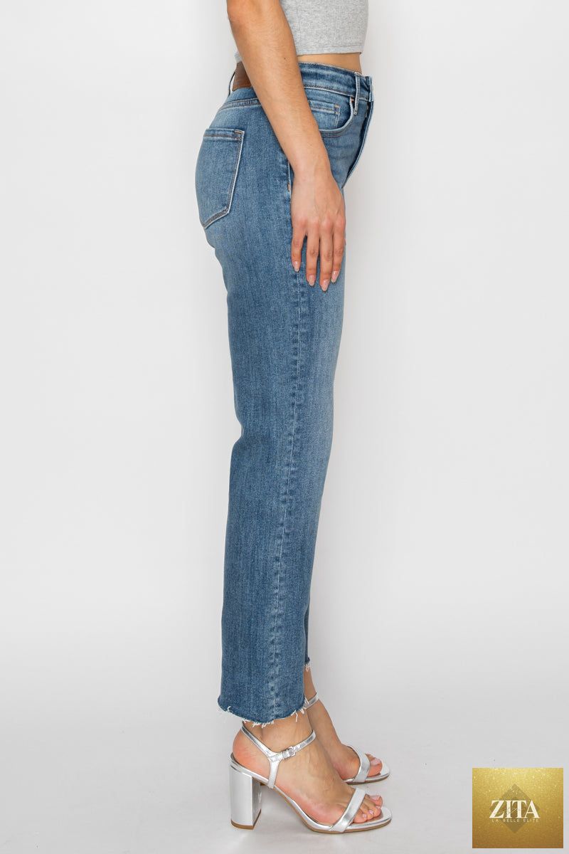 Artemis Vintage high rise straight jeans with tummy control and single cuff detail, denim jeans for a flattering fit.