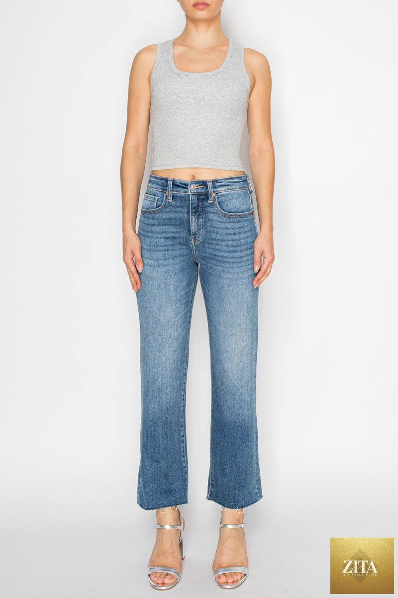 Artemis Vintage tummy control high-rise straight jeans with single cuff, showcasing a classic denim fit and stylish design.