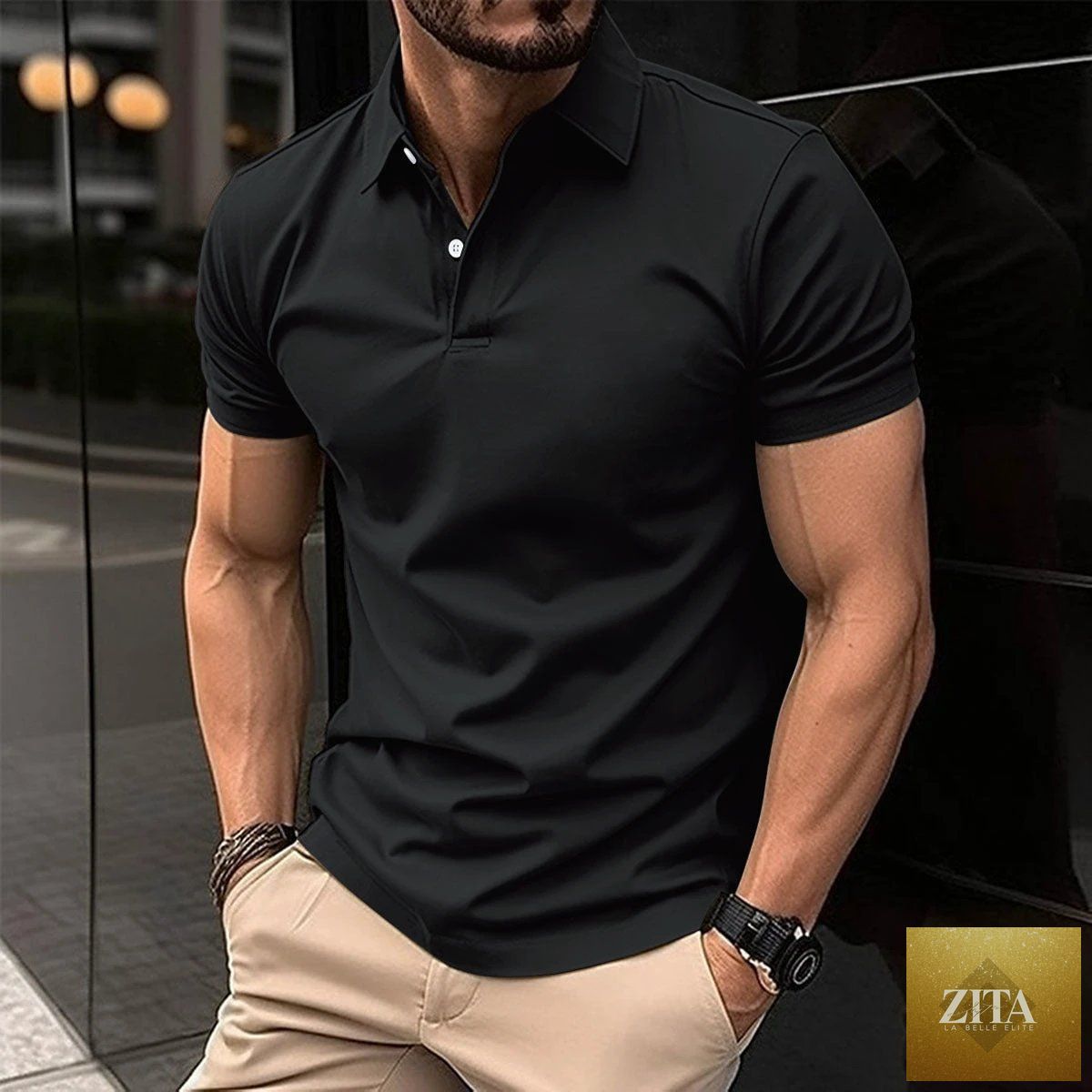 Men's summer short sleeve polo shirt by MANDOTOS in solid color with button lapel and classic fit, displayed on a model.