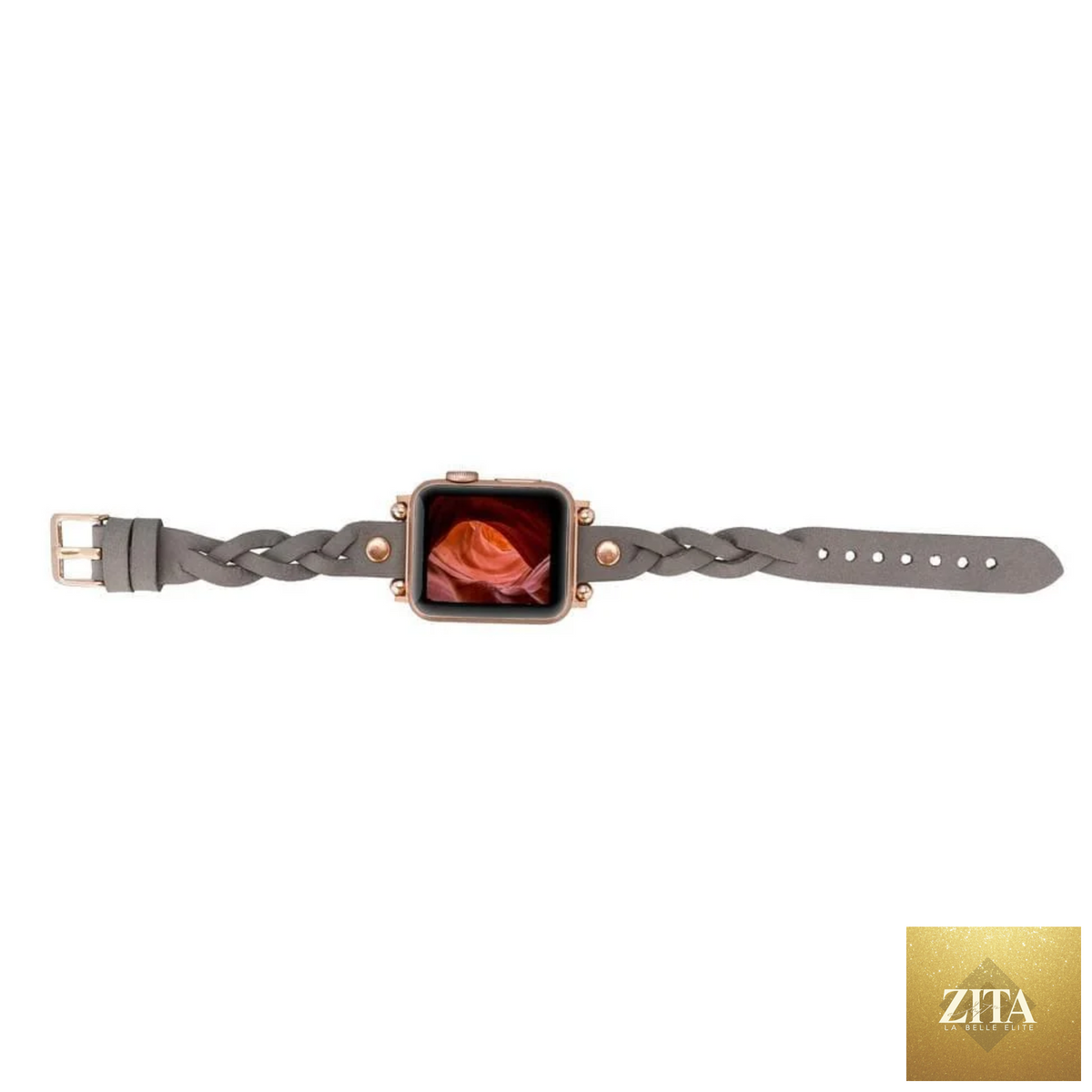 Leather Apple Watch band in grey with braided design by LEATHERE, featuring a stylish and durable leather strap for Apple Watch.