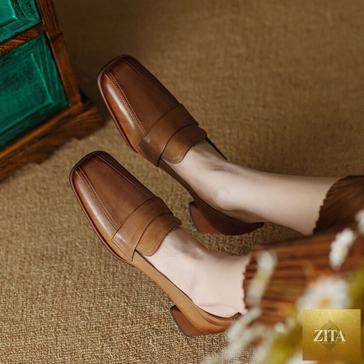 Women's sheepskin square toe chunky heel pumps by FitiqueFit, retro high heel dress shoes in neutral beige with stylish design.