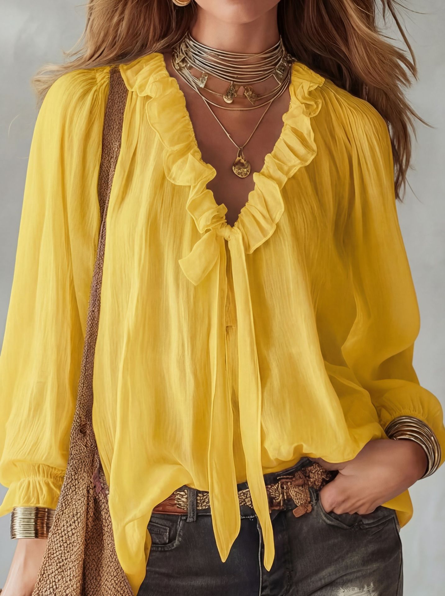 FitiqueFit v-neck loose-fit casual shirt top in multiple colors, no-iron fabric, shown on a hanger.