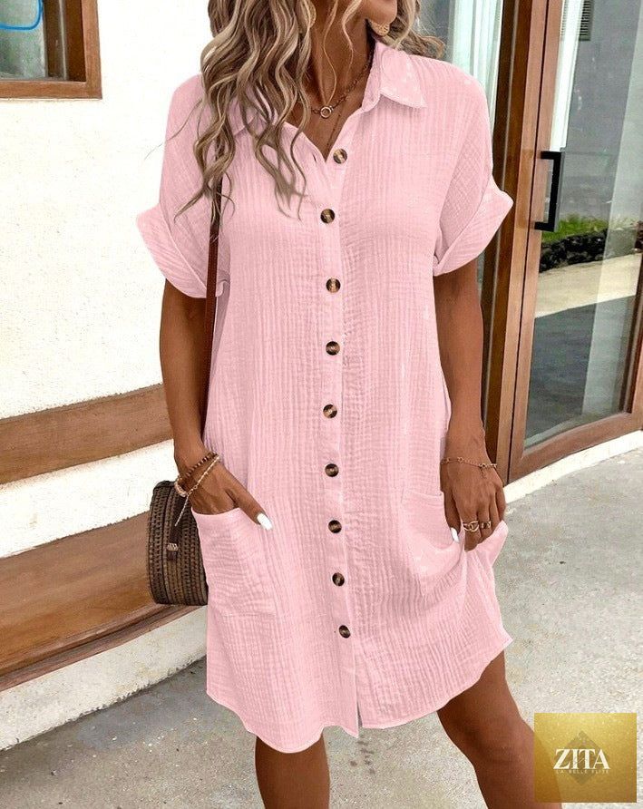 Women's cotton linen V-neck button-front A-line shirt dress by Zita La Belle Elite, shown in natural fabric and relaxed fit.