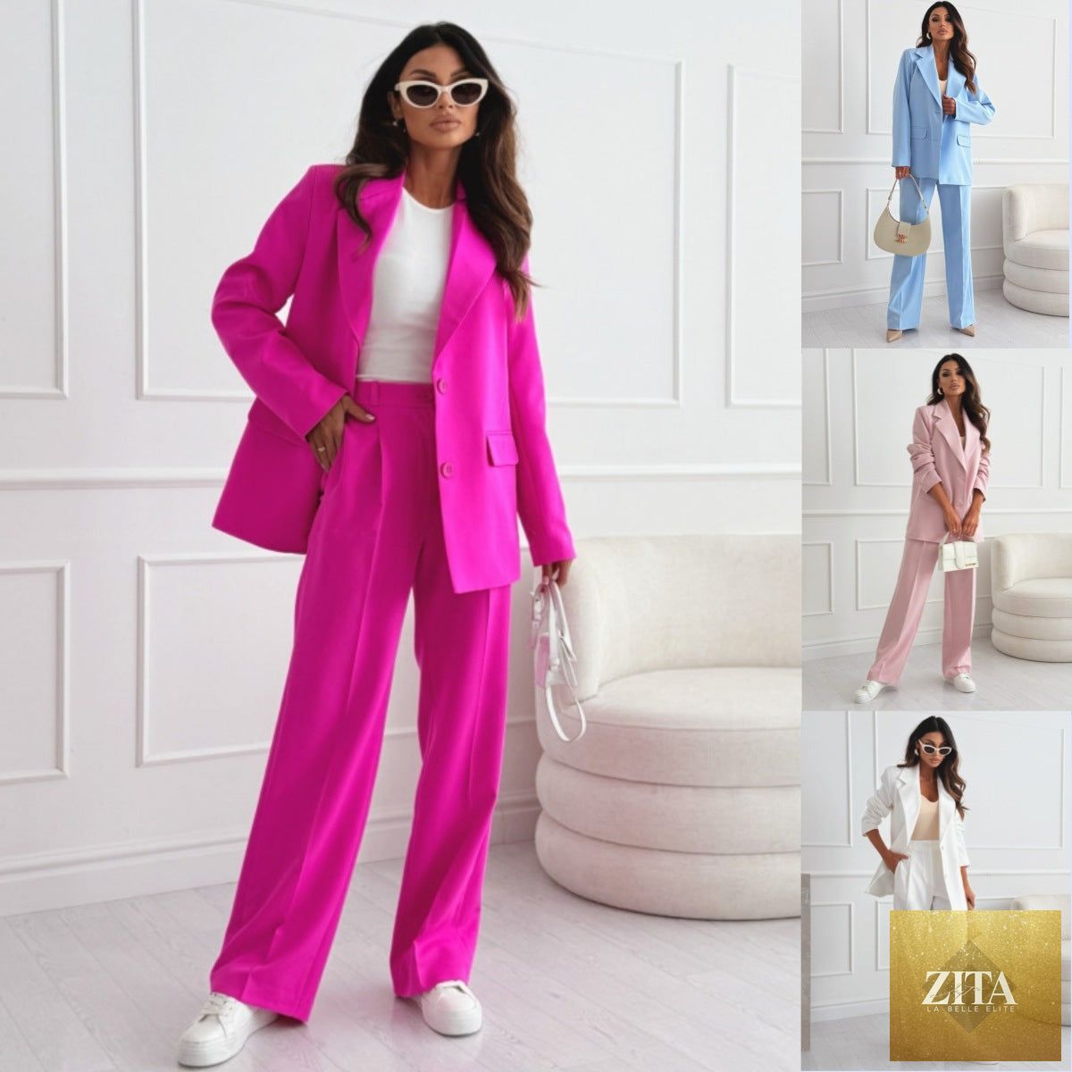 Women's professional blazer and trousers suit set by FitiqueFit, long sleeve, full-length tailored business attire.