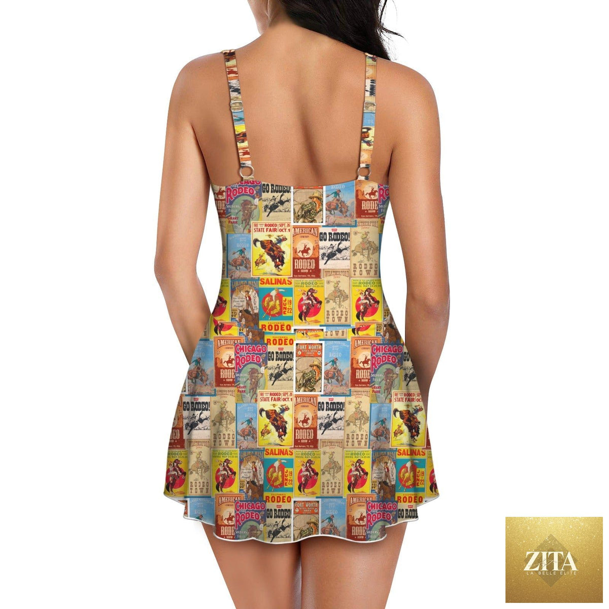 Vintage Rodeo Poster skirted one-piece swimsuit by Baha Ranch Western Wear, featuring retro cowboy design and classic swimwear style.