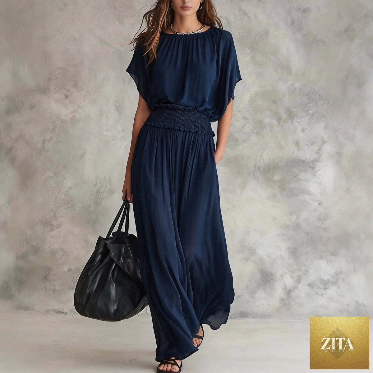 Women's chiffon high-waist ruched maxi dress by FitiqueFit, flowing fabric with pleated detail and elegant silhouette.
