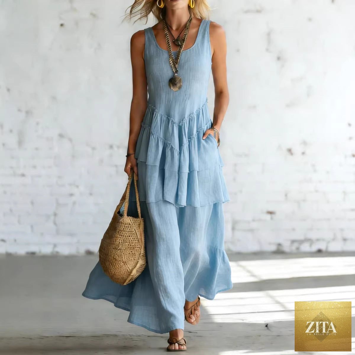 Women's loose cotton linen sleeveless maxi dress by Zita La Belle Elite, casualwear, flowing and comfortable for warm weather.