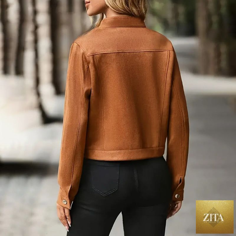 FitiqueFit faux suede cropped jacket with stand collar, vintage short fall coat, stylish outwear for casual wear.