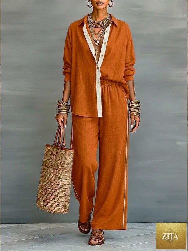 Zita La Belle Elite contrast-color long-sleeve shirt and pants two-piece casualwear set displayed on a hanger.