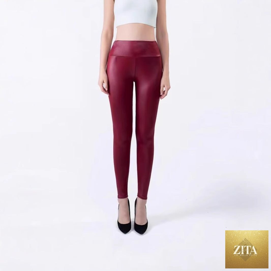 Form-fitting women's leather pants, versatile and stylish, with smooth texture and classic black color from My Store.