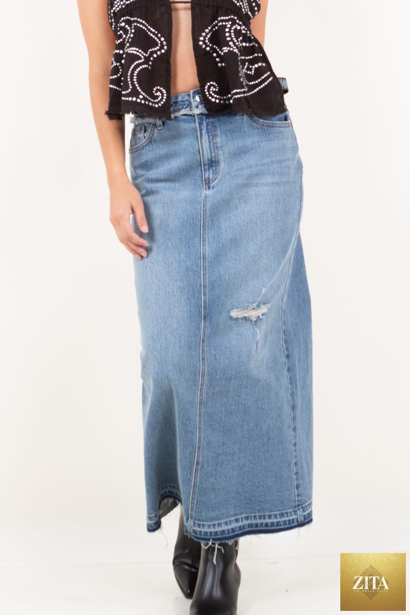 Artemis Vintage Livia denim maxi skirt with frayed waistband and side slit, styled with casual top and accessories.