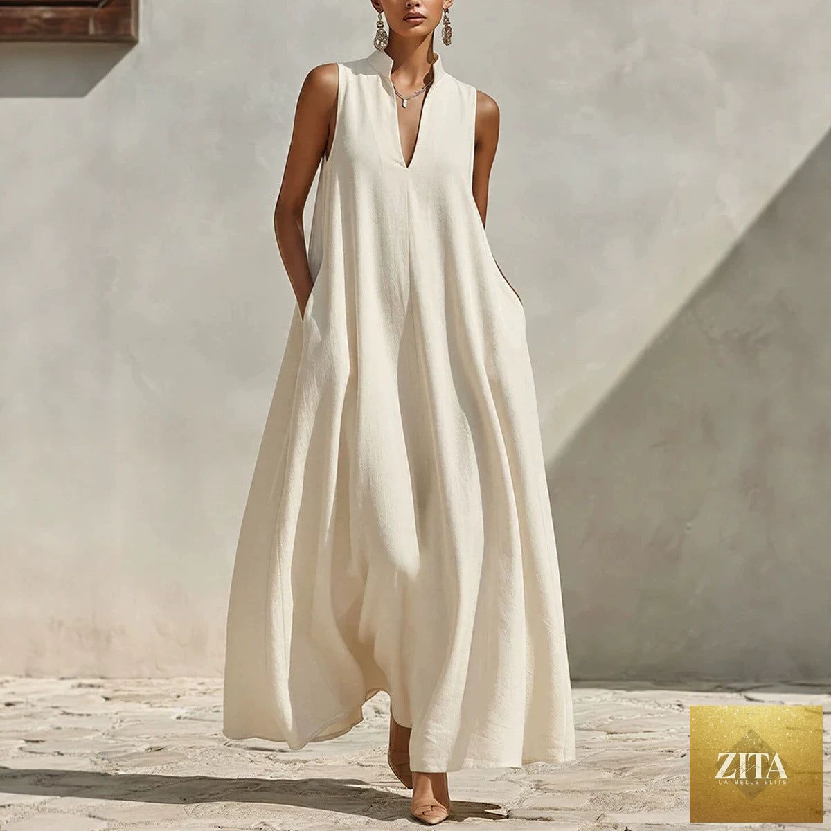 Linen blend sleeveless maxi dress with stand collar in five colors, size S–3XL, by FitiqueFit, displayed on a hanger.