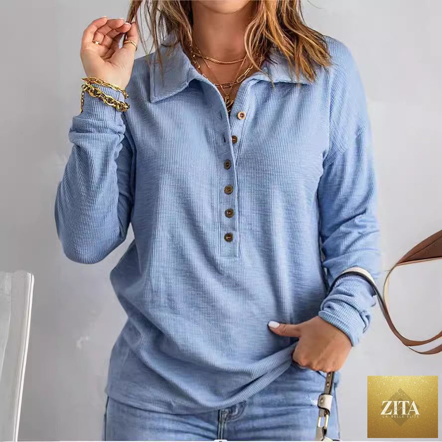 Women's loose fit long sleeve knit top with button detail from Zita La Belle Elite, casualwear in size S to 5XL.