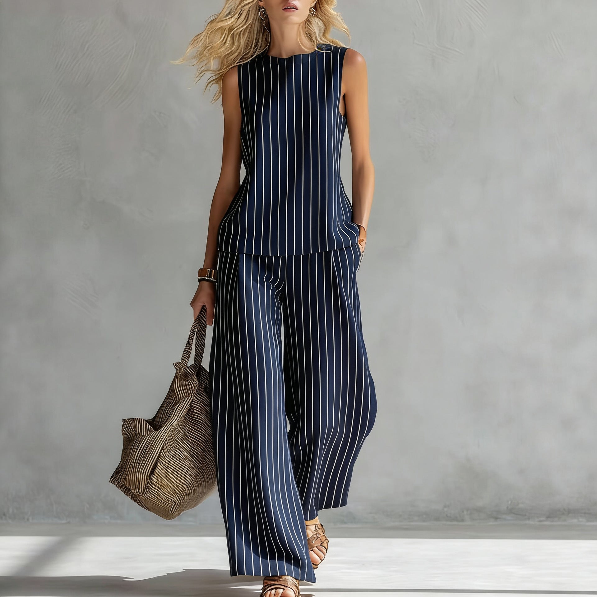 Women's sleeveless printed tank top and wide-leg pants two-piece casualwear set by FitiqueFit, shown on a model.