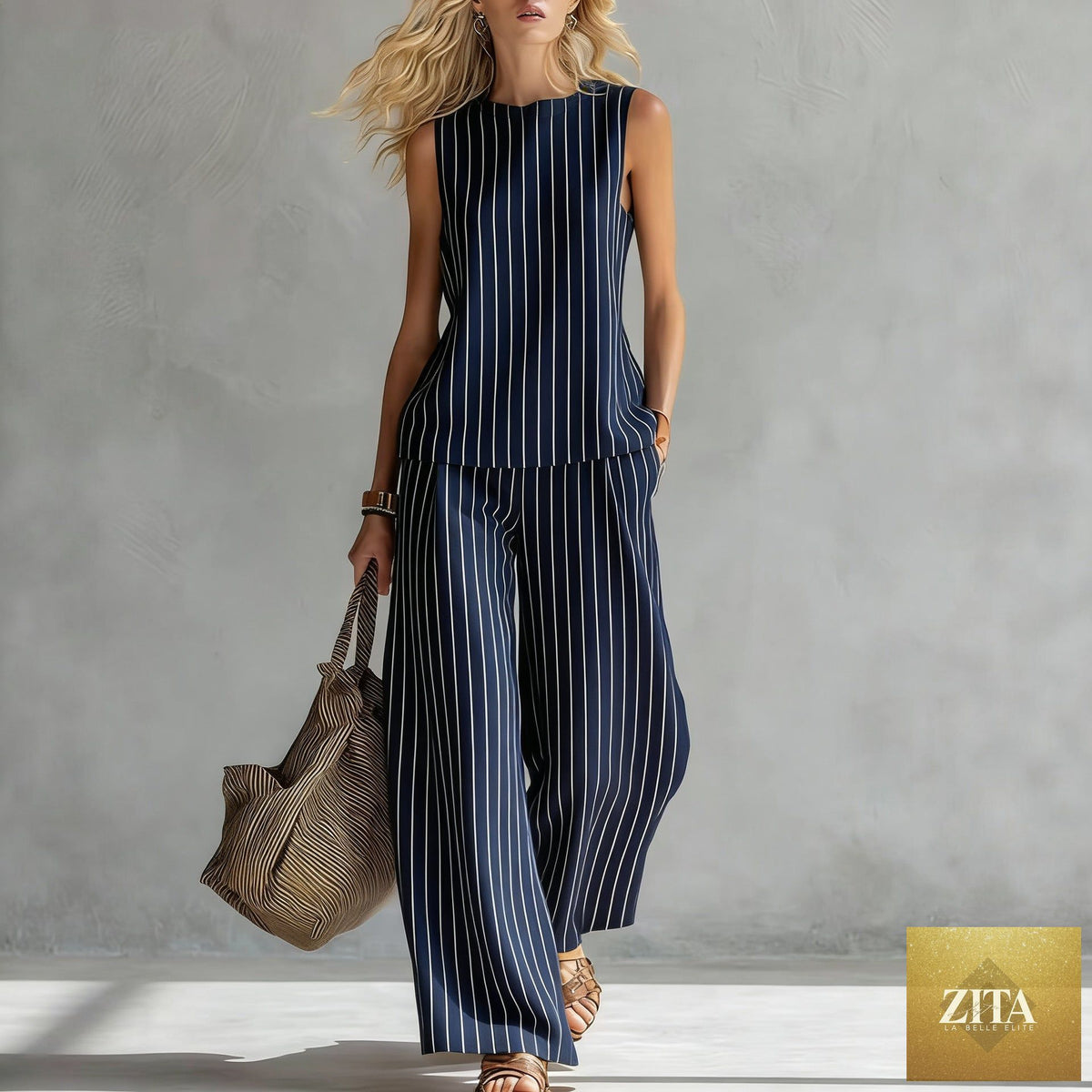 Women's sleeveless printed tank top and wide-leg pants two-piece casualwear set by Zita La Belle Elite, shown on a model.