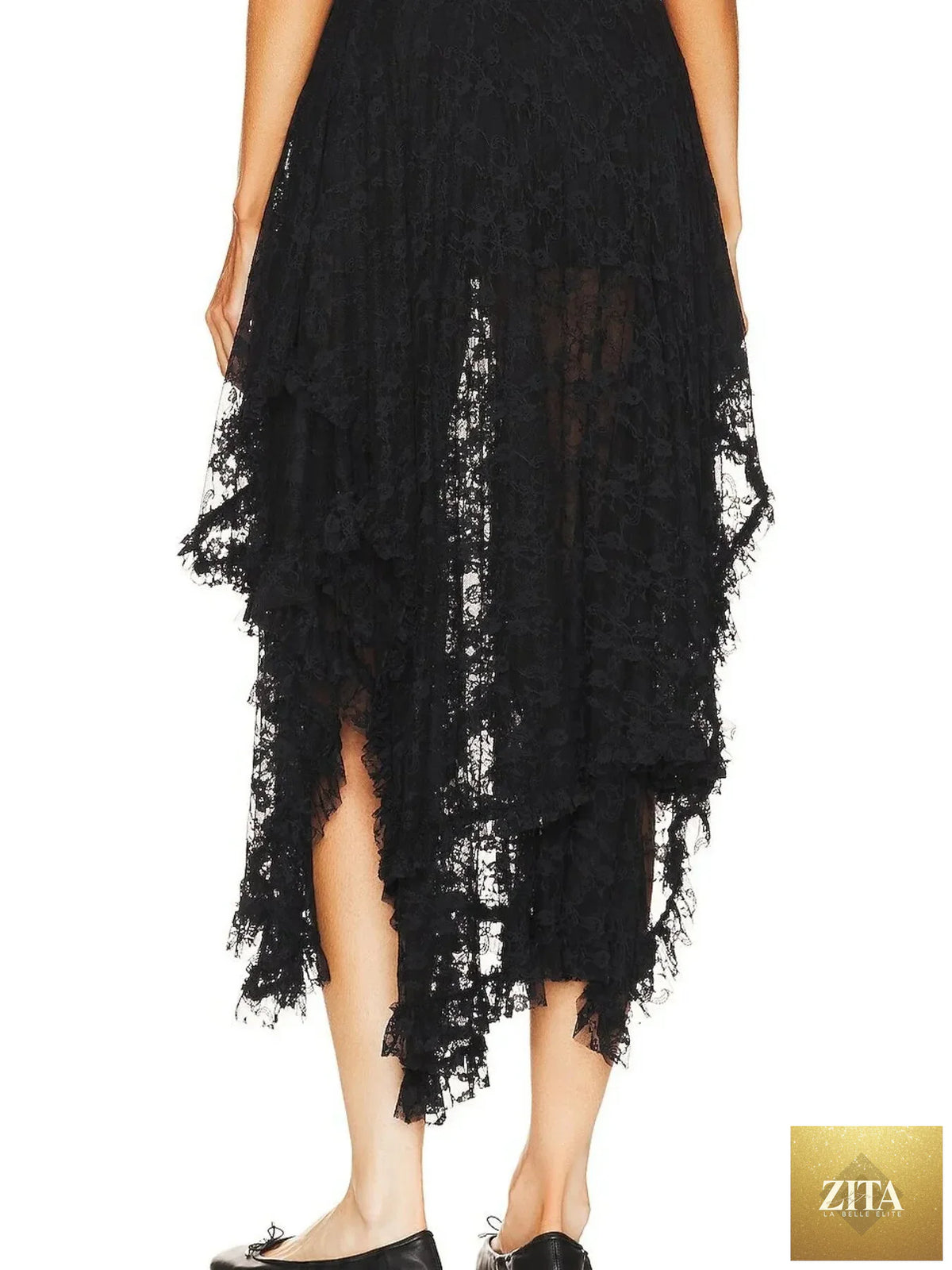 Zita La Belle Elite asymmetrical lace midi skirt with flowing design and intricate lace details, styled on a model.
