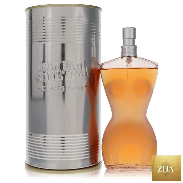 Jean Paul Gaultier Classique EDT 3.4 oz perfume bottle for women, elegant design, floral fragrance, clear glass with decorative details