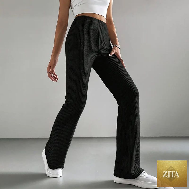 Solid rib-knit pull-on jogger pants for women by FitiqueFit, featuring a comfortable casualwear style with tapered fit.