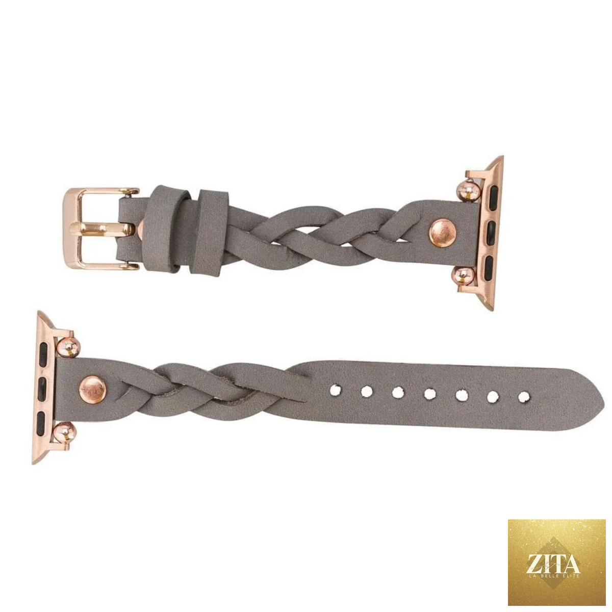 Leather Apple Watch band in grey with braided design by LEATHERE, designed for a comfortable fit on Apple Watch.