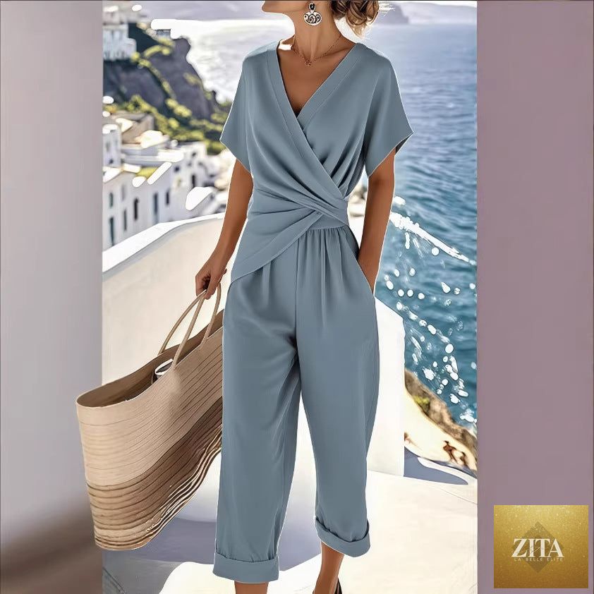 Women's loose irregular short-sleeve two-piece casualwear set by Zita La Belle Elite, featuring relaxed fit and stylish design.