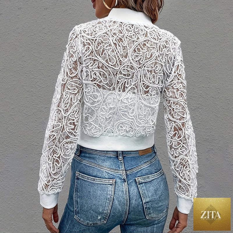 Women's elegant lace long sleeve jacket by Zita La Belle Elite, featuring a short zip-up front and stylish design for spring and fall casual wear.