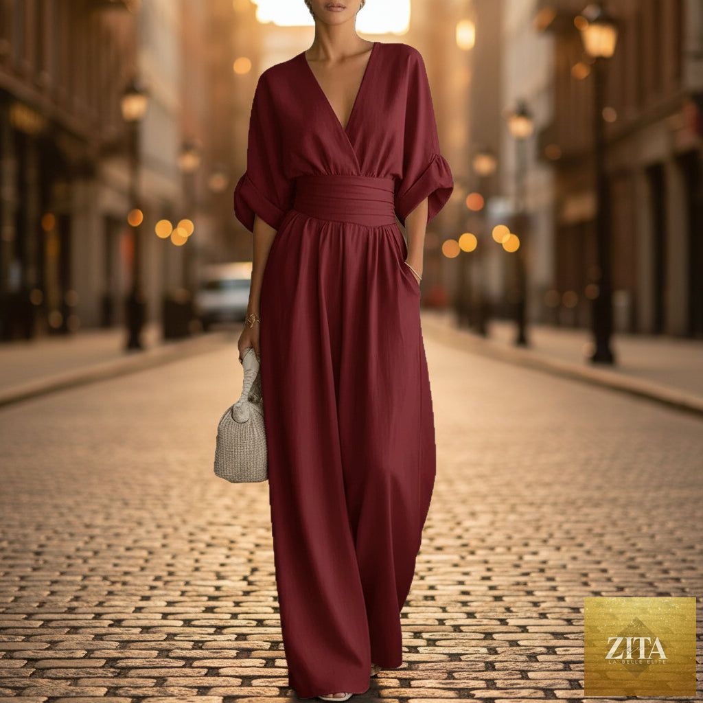 Women's V-neck wide-leg jumpsuit by Zita La Belle Elite, high waist, pleated design, available in 11 colors, size S–5XL.