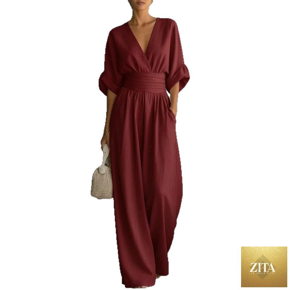 Summer short-sleeved jumpsuit with V-neck and wide-leg pants, casual fashion by LadyShow.Store, shown on a model.