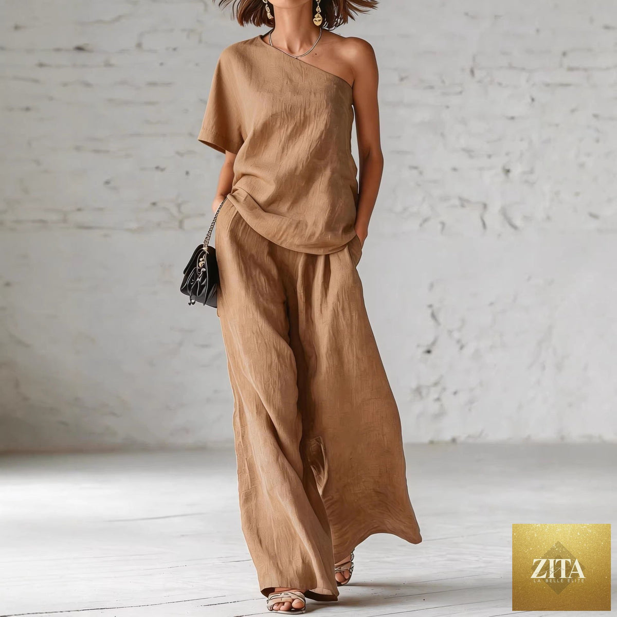 Women's wide-leg pants and top set by Zita La Belle Elite, casualwear 2-piece outfit with three-quarter sleeves, relaxed fit.
