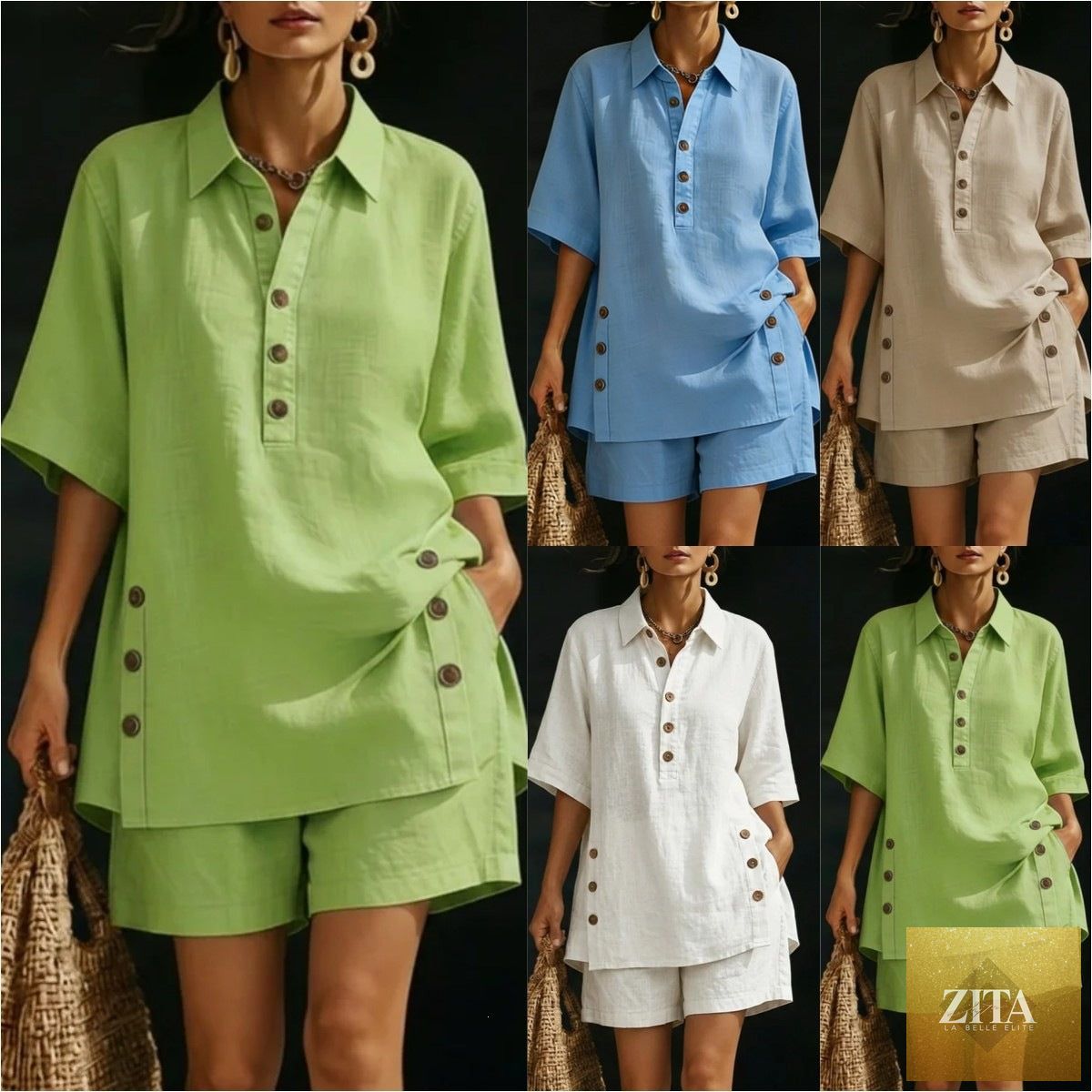 Zita La Belle Elite casualwear two-piece set with short-sleeve shirt and loose pants in four colors, available in sizes S to 5XL.