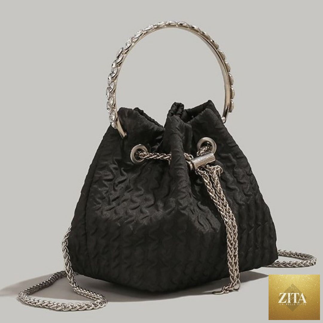Nude luxury rhinestone chain evening handbag for women, drawstring bucket clutch purse with shimmering embellishments for parties and events.
