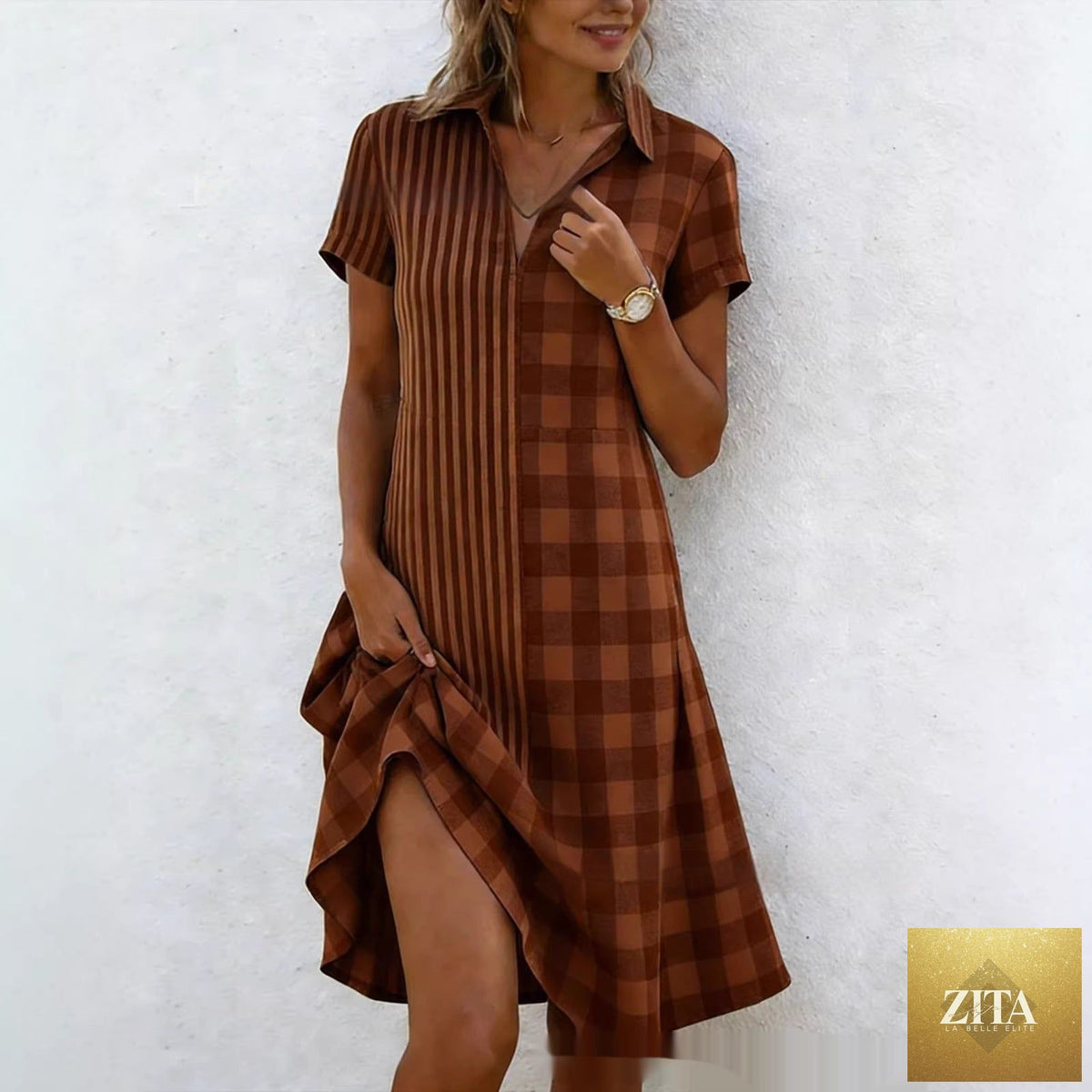 Women's Bohemian 3D printed V-neck short-sleeve maxi dress by Zita La Belle Elite, casualwear with a flowing silhouette and vibrant pattern.