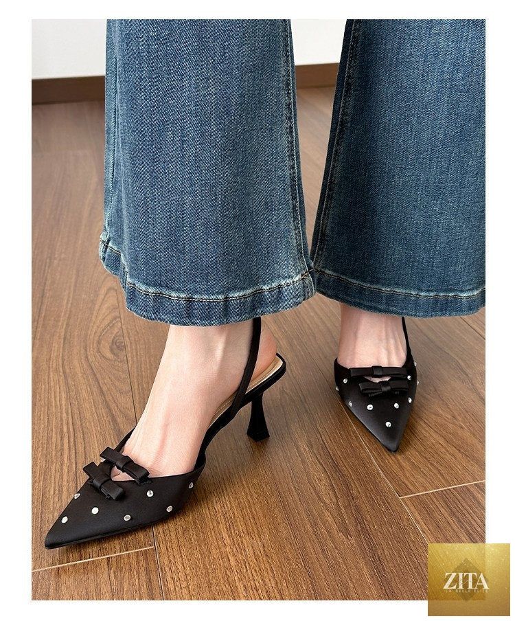 Zita La Belle Elite women's closed toe slingback stiletto heels with bowknot and rhinestone embellishments, stylish footwear for women.