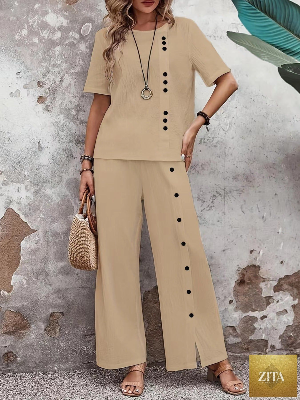 Women’s casual linen top and loose fit two-piece set by Zita La Belle Elite, featuring button-up design and relaxed fit.