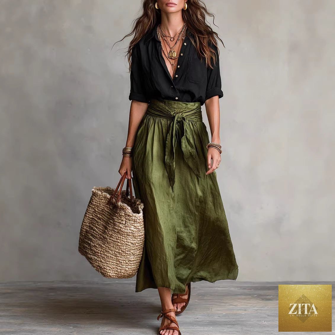 FitiqueFit button-down shirt and straight skirt two-piece set displayed on a model, showcasing a stylish coordinated outfit.